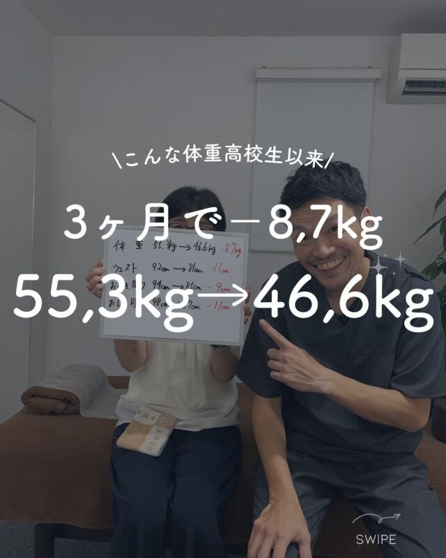 こんにちは！
Light整体院倉吉の竹内です。

ダイエットプログラム実績です！

◽︎体重がじりじり増えてこのままではマズイと感じていた

◽︎毎年の健康診断の結果が悪い

◽︎自己流のダイエットでは全く効果がでない

◽︎体重の増加で体の不調や重さを感じていた

今回のお客様はそんなお悩みをお持ちでした。

90日間、お忙しいなかしっかりと
頑張っていただきました👌

体重　55,3kg→46,6kg　−8,7kg
ウエスト　92cm→81cm 　−11cm
おしり周り　98cm→87cm −11cm

と素晴らしい結果を残してくださいました😀

なんと50kgを切るのは高校生以来
とのことで自分でも信じられないと
嬉しいお声もいただきました✨

それもこれも
日々の積み重ねで、しっかりと
頑張っていただいた賜物です😀

90日間お疲れ様でした😀

これからもよろしくお願いいたします✨

皆様ののいいね、コメントお待ちしております♪

＿＿＿＿＿＿＿＿＿＿＿＿＿＿＿＿＿

Light整体院倉吉
竹内　章太↓
@light.shota

【 料金 】
初回60分/カウンセリング込み　¥2,980

【不調改善×姿勢改善＝結果の出る技術重視の整体院】
【90日で−8kg！体質から変えるダイエット法】

□ご予約
インスタグラムDM 
LINE ID 『 @500jjafm 』からでもご予約可能です。
ホットペッパー　『 ライト整体院倉吉で検索📲 』

Light整体院
〒682-0806
鳥取県倉吉市昭和町1-228
0858-24-6117
※施術中は電話には出られません

〜不調の原因を改善して理想の身体作りをサポート〜
＿＿＿＿＿＿＿＿＿＿＿＿＿＿＿＿＿

#light整体院 #倉吉整体 #鳥取整体 #鳥取 #倉吉 #米子 #骨盤矯正 #姿勢矯正 #不調改善 #マッサージ #トレーニング #ダイエット #肩こり #腰痛 #筋トレ #ストレッチ #不眠 #寝不足